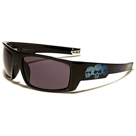 Locs Square Triple Skulls Wrap Around Sunglasses (Black & Blue Frame, Black)