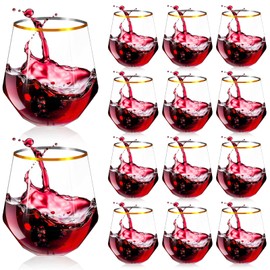 Cabaubl 32 Pack Plastic Wine Glasses Disposable,12oz Stemless Wine Glasses,Gold Rim Unbreakable Wine Glasses,Clear Reusable Plastic Wine Cups for Parties Wedding (32, 12oz)