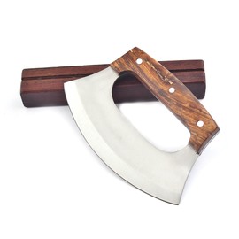 Ulu Knife – Hand Forged Premium Stainless Steel Rocker Pizza Cutter & Kitchen Chopper – Viking-Inspired Cleaver with Rose Wood Handle & Sheath – Multipurpose Chef Knife for Meat, Herbs & Camping