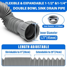 Cinsda Double Sink Drain Kit, Flexible Sink Drain Pipe 1-1/2 & 1-1/4 P Trap Fits Sink Bowl Drain, Expandable Plumbing Kit for Kitchen, Bathroom, Gray