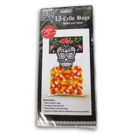 Fall Crafts Día de Los Muertos Sugar Skulls Treat Bags with Header Cards - 15 Count - 4 x 9 Inch (Black & White)