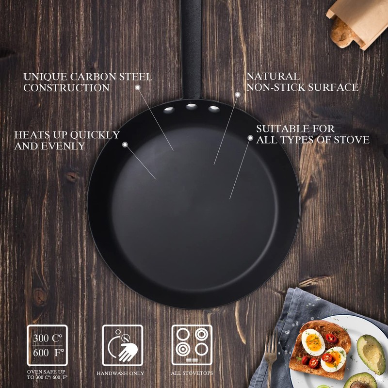 Letschef Coating-Free Carbon Steel Pan Durable 10 Inch Frying Pan,
