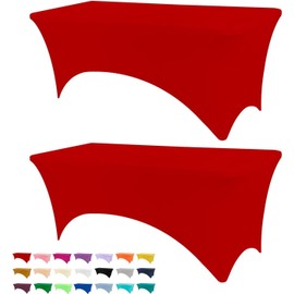 Newthinking 6FT Stretch Tablecloth for Craft, 2 Pack Spandex Stretch Table Cloth, Washable and Wrinkle Resistant Market Stall Table Cover for Banquet Folding Table Event Wedding (Red)