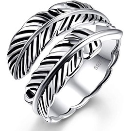 BONLAVIE 925 Sterling Silver Adjustable Turquoise/Black Onyx Feather Ring, Men's Rings 925 Silver, Ring Vintage Open Silver 925, Ring for Women / Men, Sterling Silver, /
