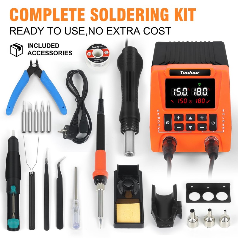 TOOLOUR 2-IN-1 851D Soldering Iron Hot Air Rework Station, 302°F-932°F