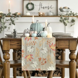 Artoid Mode Pumpkins Maple Leaves Beige Wood Fall Table Runner, Seasonal Autumn Kitchen Dining Table Decoration for Home Party Decor 13x48 Inch