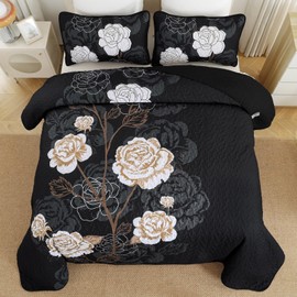 Floral Quilt Set King Size,Elegant Black Floral Printed Bedspread Coverlet 3 Pieces Soft Microfiber Bedding Set with 2 Pillowcases for All Season(104"×90")
