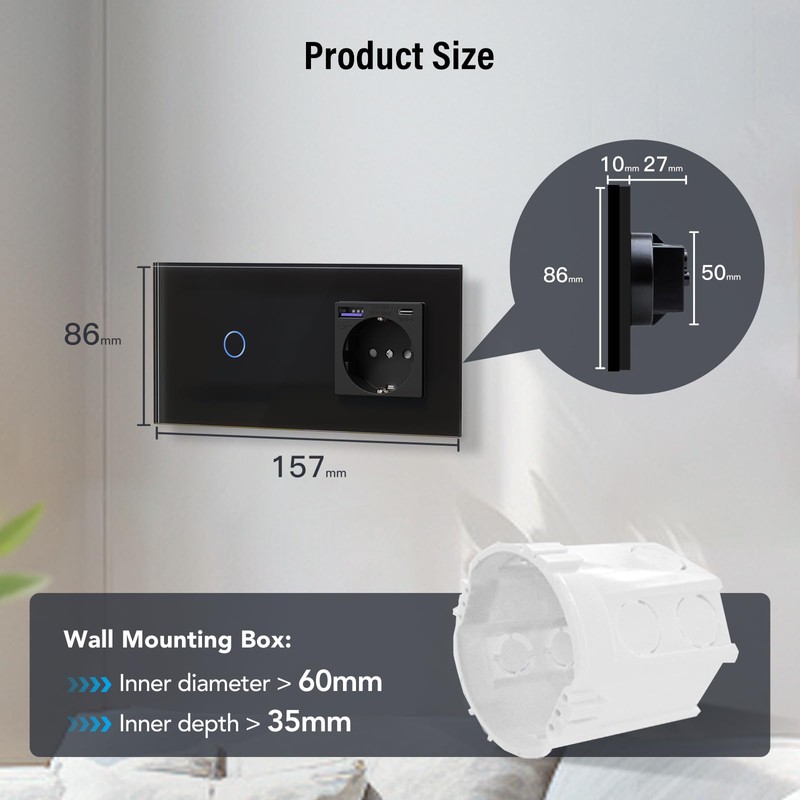 BSEED Touch Light Switch Single 1 Way with USB C