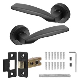 Decoranddecor Solitude Matt Black Door Lever Handles On 54mm Rose Aluminium Curved Design (Latch Kit)