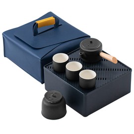 DUEBEL Chinese Tea Pot Cup Set with Tray - Travel Ceramic Tea set Porcelain Teapot, Portable All in One Gift Bag for Outdoor Picnic Business Hotel (Gray)