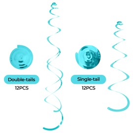 24 PCS Teal Hanging Swirl, Sparkle Ceiling Hanging Decorations, Plastic Streamer Party Decorations with Double-Swirls and Single-Swirls for Birthday Decorations, Graduation, Baby Shower