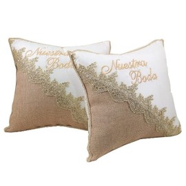 Set of 2 Ivory Burlap Wedding Kneeling Pillows, Embroidered Nuestra Boda Kneeling Pillows, Satin and Lace Kneeling Pillows