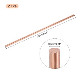 sourcing map 2 Pack Pure Copper Round Rod 6mm/0.24 Inch Diameter 330mm/13 Inch Length Solid Copper Rod Lathe Bar Stock for DIY Metal Craft Metal Working Hobbies