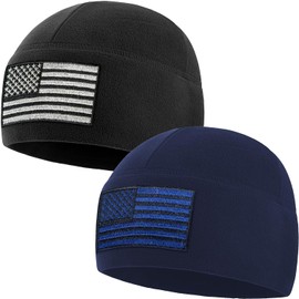 Temple Tape Tactical Beanie Hat - American Flag Fleece Winter Watch Cap - Multi Season Military Hats for Men - Mens Army Beanies - 2 Pack Includes Black & Navy - One Size