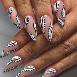 SINHOT Stiletto Press on Nails Long - Zebra Stripes Fake Nails Glossy Glue on Nails White Dot Nail Stiletto Artificial Nail Stick on False Nail with Design DIY 24 pcs