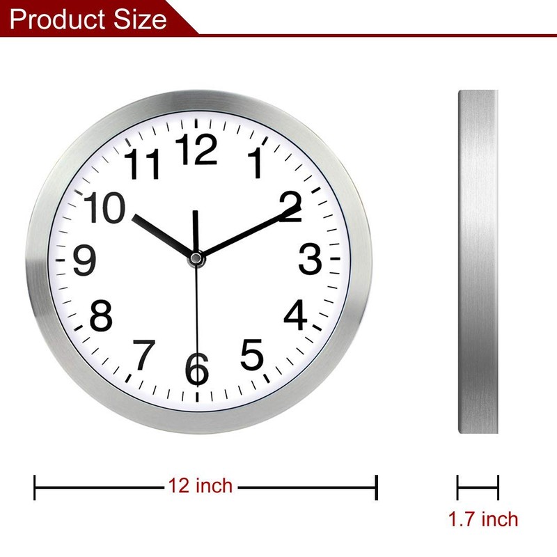 Wall Clock 12 Inch Metal Frame Glass Cover Non-ticking Number
