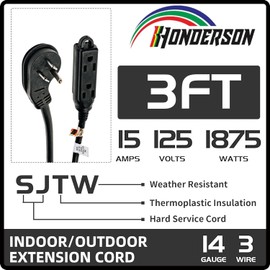 HONDERSON 3FT Outdoor Extension Cord with 3 Power Outlets, 14/3 SJTW Heavy Duty Black Extension Cable with 3 Prong Grounded Plug for Safety, UL Listed