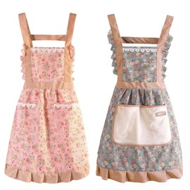 Ziyonix Pack of 2 Women's Kitchen Apron with 2 Pockets, Adjustable Kitchen Apron, Machine Washable Cooking Apron for Cooking, Baking, Gardening, Cafe