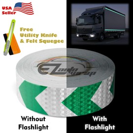 Free Tool Kit 2"x120ft Arrow Green White Night Reflective Safety Tape Warning Caution Adhesive Conspicuity Checker Marking Decal Sticker Roll Film Truck RV Trailer Boat ATV Construction Indoor Outdoor