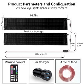 Devil Eye Light Sign 14.7″×3.6″ RGB Dimmable, DIY Dynamic Programmable App & Remote Control, Waterproof IP65 Flexible Silicone Strip Accent Lights for Car Truck SUV Dashboard Windshield, 2‑Pack