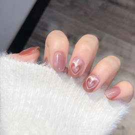 Nail Tip, Short, Medium, 24 Pieces, Nail Tip, Heart, Cat Eye, Skin Color, False Nails, Popular, Japanese Style, Cute, Simple, Fashionable Party, Autumn, Spring, Summer, Daily Life, Bridal Nail Design,