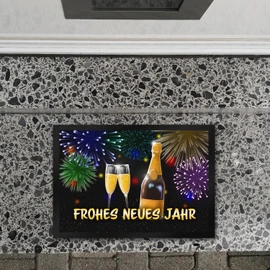 speecheese Happy New Year Doormat in 35 x 50 cm with Champagne and Fireworks as Door Mat with Congratulations on New Year and New Year's Eve to Welcome Your Visit