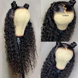Deep Wave Lace Front Wigs Human Hair Transparent 24 Inches Deep Curly Human Hair Wigs 13x4 Lace Frontal Wigs for Women Pre Plucked 220% Density Natural Color
