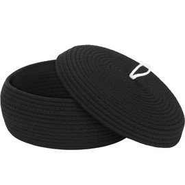 Sea Team Round Cotton Rope Storage Basket with Lid, Decorative Woven Storage Bin, Pot, Caddy, Organizer, Container for Snacks, Towels, Plants, 13 x 5.5 Inches (Large, Shallow, Black)