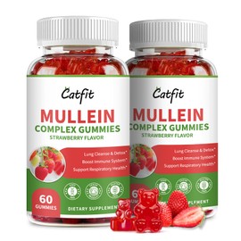 Catfit (2 Pack Mullein Gummies for Lungs – Mullein Leaf Extract with Quercetin, Elderberry for Respiratory & Immune Support,Lung Health & Breathing, Vegan, Strawberry Flavor, 60 Gummies