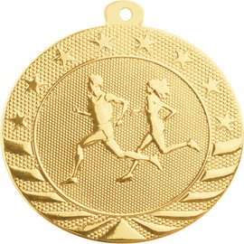 50 Pack of 2 inch Diameter Die-Stamped Solid Metal Cross Country Running Gold Medals with Red White and Blue Neck Ribbons.