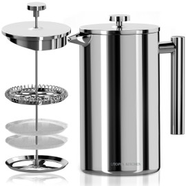Utopia Kitchen 304 Grade Stainless Steel French Press Coffee Maker 12 Oz, Double Wall Insulated Coffee Press with 4-Level Filtration system, Include 2 Extra Filters, Rust-Free, Dishwasher Safe, Silver