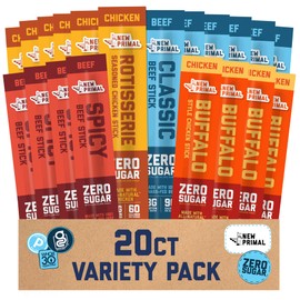 New Primal Meat Sticks Variety Pack, Grass Fed Beef, All Natural Chicken, Keto, Gluten Free Healthy Snacks for Adults, Sugar Free Low Carb High Protein Snack, Jerky Gift Basket, Paleo, 20 Count