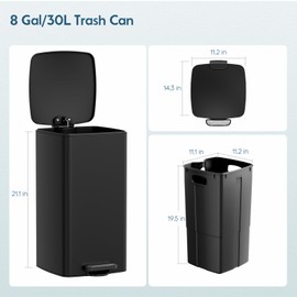 Arlopu 8 Gallon 30L Slim Square Stainless Steel Step Trash Can, Black