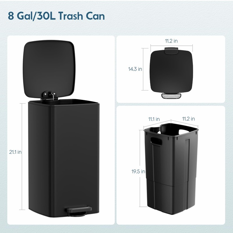 Arlopu 8 Gallon 30L Slim Square Stainless Steel Step Trash