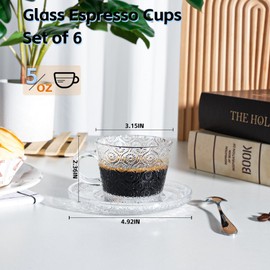 GURUDAR Glass Espresso Shot Cups with Saucers Set of 6, Clear Small Demitasse Cup with Stainless Steel Spoons, Dishwasher Safe Coffee Mugs for Tea Hot Chocolate Cappuccino, 5OZ/150ML, Mix