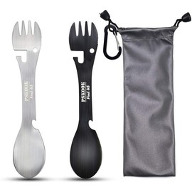 5-in-1 Tactical Spork, Stainless Steel Spoon, Fork, Knife, Bottle & Can Opener, Camping Utensil for Hiking Backpacking - Color: black+silver