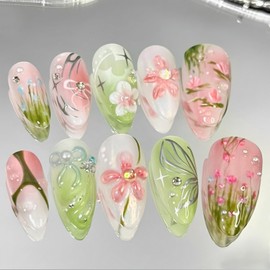 30Pcs 3D Flower Press on Nails Medium Almond Fake Nails with Bow Pearl Rhinestones Designs Gilding Butterfly False Nails Full Cover Artificial Glue on Nails Spring Summer Stick on Nails for Women DIY