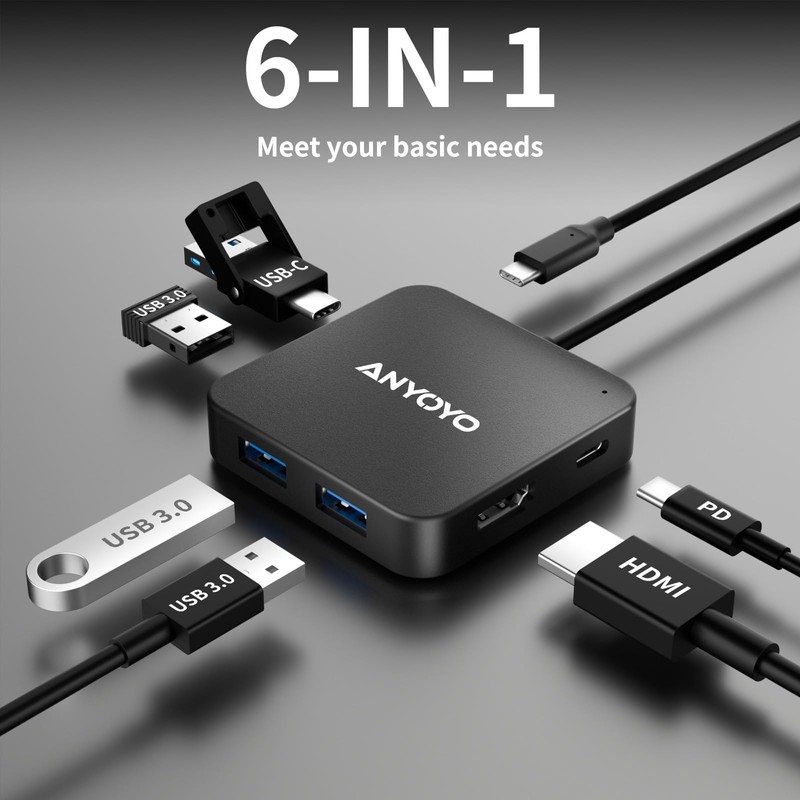 ANYOYO 6-IN-1 USB Hub Type-C 100W PD Fast Charging 4K30Hz