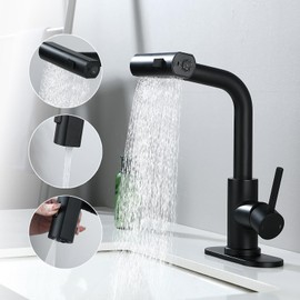 BARROCK Waterfall Bathroom Faucet with 3 Mode Pull Out Rotary Switch Sprayer, Modern Laundry Bar Sink Faucet with Deck Plate, Single Handle Stainless Steel Basin Faucets for 1 or 3 Holes, Matte Black
