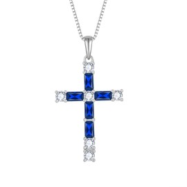 Lwsary September Birthstone Cross Necklace 925 Sterling Silver Sapphire Necklace Crucifix Christian Religious Pendant Rectangular Square Cut Cubic Zirconia Jewelry for Women