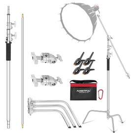 AMBITFUL Stainless Steel Heavy Duty C Stand with Boom Arm - Max Height 320cm/10.5ft Photography Light Stand with 128cm/4.2ft Holding Arm, 2 Grip Head for Studio Monolight, Softbox, Reflector