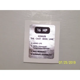 Unbranded Kohler K - 341 16HP Engine Decal!