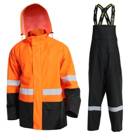 NAVIS MARINE Rain Suits for Men Heavy Duty Workwear Waterproof Jacket with Pants 3 Pieces (Fluorescent Orange, Small)