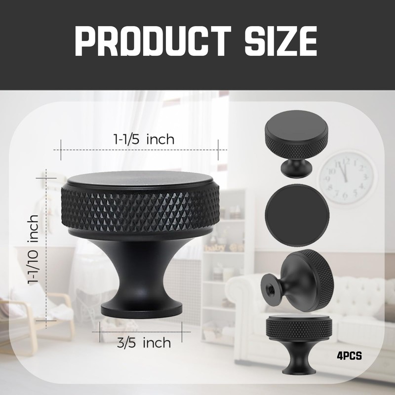 GegXcn 4 Pack Black Cupboard Knobs, Round Metal Knurled Cabinet