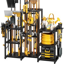 POKIPO 42" H Large Garden Tool Organizer, Holds Up to 86 Tools, Heavy Duty Yard Tool Organizer for Garage, 61“ Wide Lawn Freestanding Tool Storage Rack for Outdoor Shed Tool Rake, Shovel, Brooms