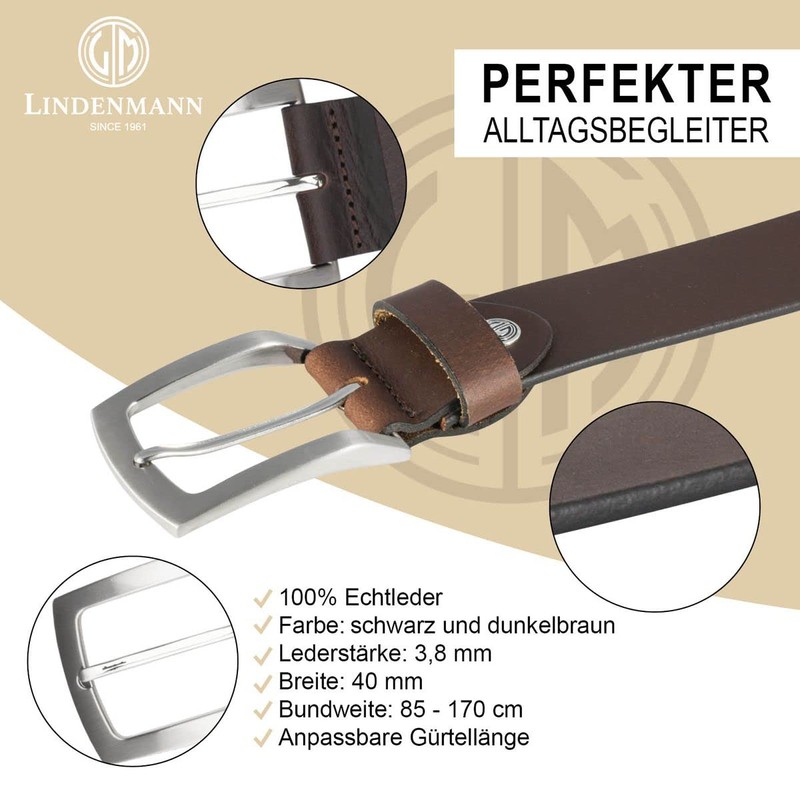 LINDENMANN Men's Leather Belt 40 mm Wide Belt Full Cowhide