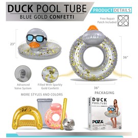 POZA Inflatable Duck Pool Float Tube- Heavy Duty Vinyl UV Resistant Confetti Pool Duck Floatie, Animal Swim Ring Inflatables for Kids and Adults for Beach, Party, Vacation -36 Inches - Silver