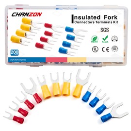 Chanzon UL Listed Insulated Fork Terminals M4 M5 M6 M8 Kit U-Type 22-10AWG Crimp Connectors #8#10 1/4" 5/16" Electrical Wire -Red Blue Yellow PVC Brass Copper Assortment for Wiring (200pcs Pack)