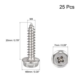 sourcing map Phillips Hex Washer Self Tapping Screws, M4 x 20mm 304 Stainless Steel Hex Flange Sheet Metal Screw 60pcs