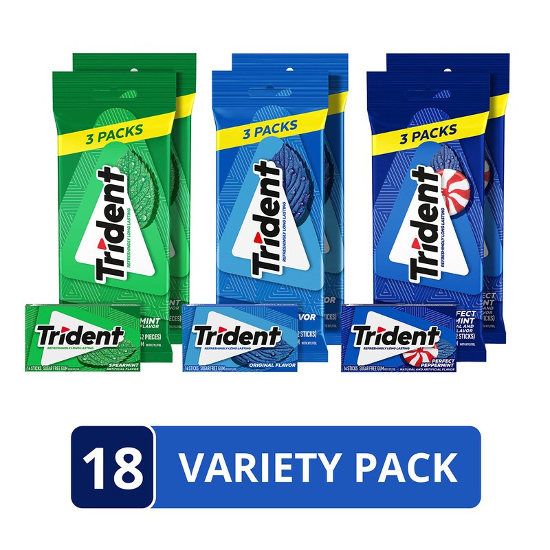 Trident Sugar-Free Chewing Gum Variety Pack Candy, Spearmint, Perfect Peppermint